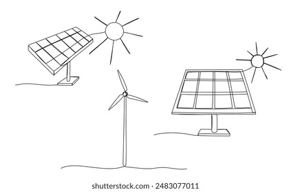 Solar panel and wind generator one line silhouettes set. Doodle outline continuous icon. Sustainable power