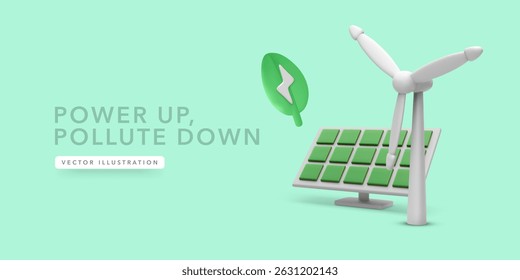 Solar Panel and Wind Turbine With Eco Leaf Symbol Representing Clean Energy, Renewable Power, and Green Technology for a Sustainable Future. Vector Illustration.