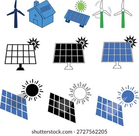 Conjunto de iconos de paneles solares y turbinas eólicas para conceptos de energía renovable.