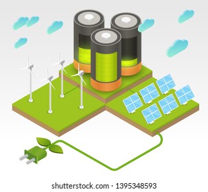 Solar panel, wind turbines and battery on green ground, hill or island. Concept of alternative ecology energy sources. Flat 3d isometric cartoon composition. Abstract minimalistic illustration.