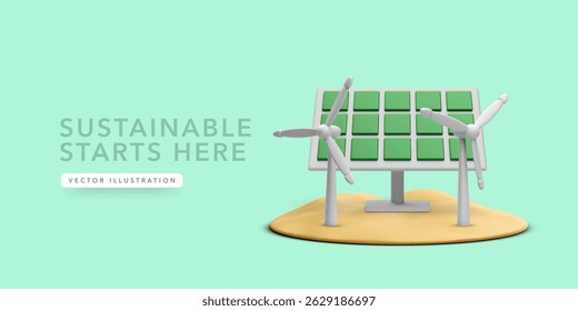 Solar Panel and Wind Turbines Generating Renewable Energy on a Minimal Island in a Clean 3D Eco Concept. Ideal for Sustainability, Environment, and Clean Tech Projects. Vector Illustration.