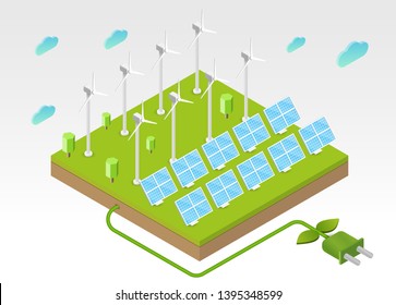 Solar panel and wind turbines on green ground, hill or island. Concept of alternative ecology energy sources. Flat 3d isometric cartoon composition. Abstract minimalistic illustration.