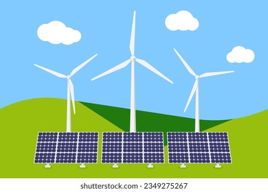 Solarpaneele und Windturbinen auf dem Feld. Ökologische, erneuerbare, grüne Energie, umweltfreundliche, nachhaltige Stromressourcen, Konzept der alternativen Stromerzeugung. Einzelne Vektorgrafik