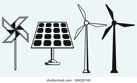 Solar panel and windmill. Isolated on blue background