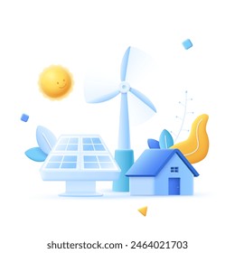 Panel solar y molino de viento cerca de la casa. Energía eléctrica limpia para el hogar. Ilustración vectorial conceptual de instalaciones de generación de energía renovable. Composición de dibujos animados 3D de uso de fuentes alternativas