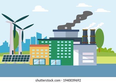 Solar panel and windmill turbine giving energy resource to the modern city. Renewable energy vector concept