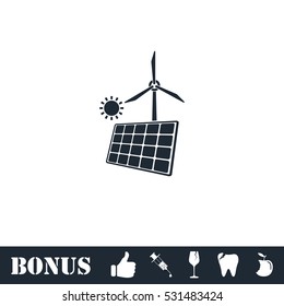 Solar panel and windmills for energy icon flat. Vector illustration symbol and bonus pictogram