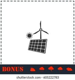 Solar panel and windmills for energy icon flat. Simple vector symbol and bonus icon