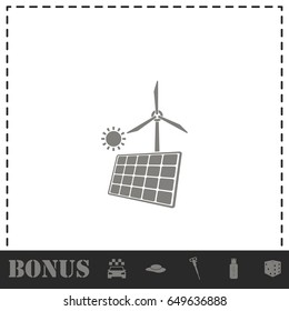 Solar panel and windmills for energy icon flat. Simple vector symbol and bonus icon