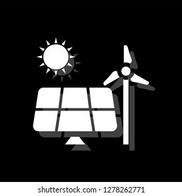 Solar panel and windmills for energy. White flat simple icon with shadow