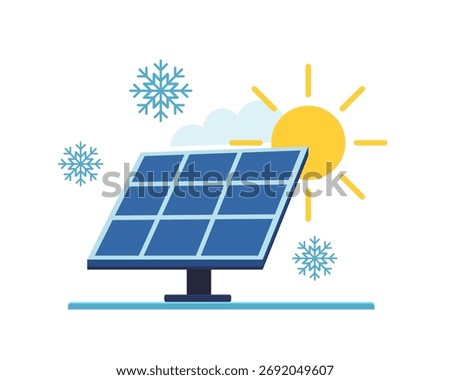 Solar panel winter energy icon. Vector illustration of solar panel with sun and snowflakes symbolizing renewable energy in cold season. Isolated on white background.