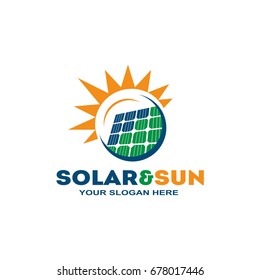 solar panel within a circle with a sun, logo design, isolated on white background.