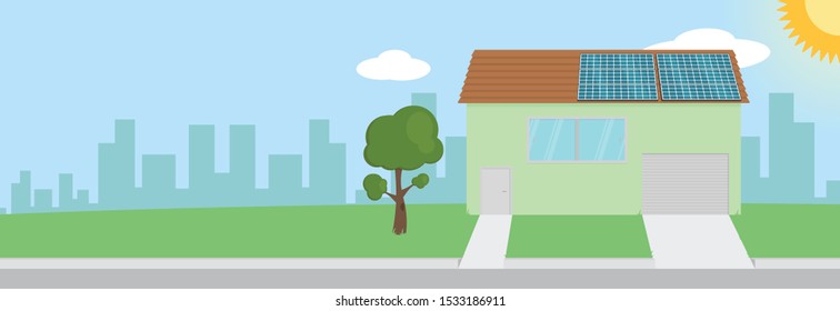 Solar paneled house with lawn, city, sun and clouds in the background