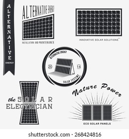 Solar Panels. Alternative Eco Energy. Set of Typographic Badges. Flat vector illustration