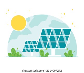 Solar panels, alternative power station. Concept of green energy and renewable energy sources. Flat vector illustration.