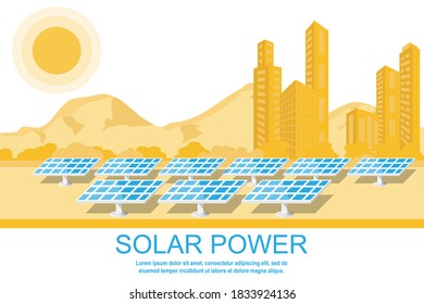 Solar panels banner on the background of mountains, city and sun. The concept of alternative renewable sources of solar energy. Vector illustration, flat style