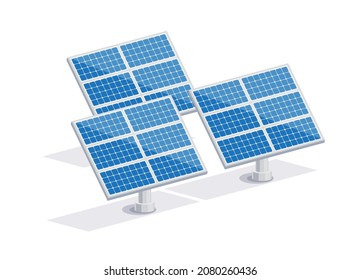 Solar panels cells for electricity grid. Renewable electric solar power plant station. Clean sustainable energy photovoltaic generation industry. Isolated vector illustration on white background.