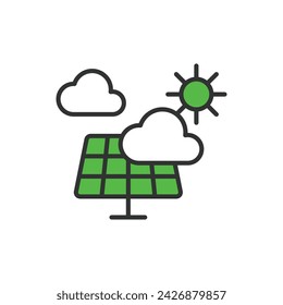 Solar panels cloud weather icon in line design, green. Solar, panels, cloud, weather, sunlight, forecast, sky isolated on white background vector. Solar panels cloud weather editable stroke icon.