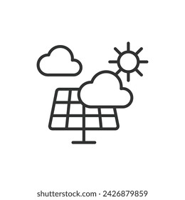 Icono de clima nuboso de paneles solares en diseño de línea, verde. Solar, paneles, nube, tiempo, luz del sol, pronóstico, cielo aislado en el vector de fondo blanco. Icono de trazo editable de clima nublado de paneles solares.