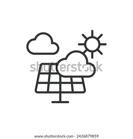Solar panels cloud weather icon in line design, green. Solar, panels, cloud, weather, sunlight, forecast, sky isolated on white background vector. Solar panels cloud weather editable stroke icon.