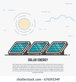 Solar panels concept. Sun and clouds. Modern line style vector illustration with text.