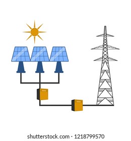 Solar panels connected to an electrical tower. Vector illustration design