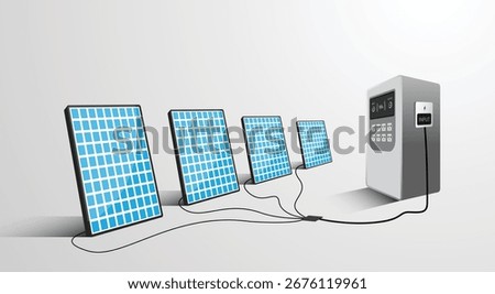 Solar panels connected to a power storage unit, symbolizing renewable energy, sustainable power, and clean technology. Modern green energy concept. Vector EPS10.