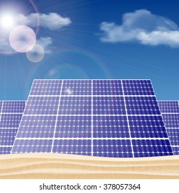 Solar panels in the desert, ecology concept vector illustration.