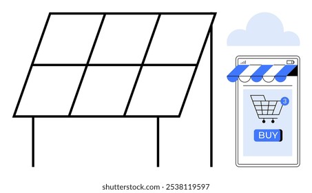 Sonnenkollektoren werden neben einem Smartphone-Bildschirm mit einem Warenkorb-Symbol und einem Buy-Button angezeigt, der auf einen Online-Kauf hinweist. Ideal für nachhaltige Energie, Online-Shopping, erneuerbare Ressourcen