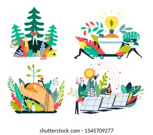 Solar panels and eco green energy, planting trees and nature protection isolated icons vector. Ecological sustainable power, forest or woods and light bulb. Environment safety, growing plants