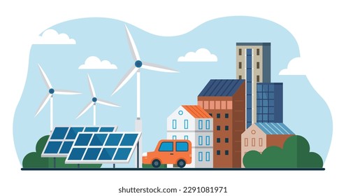 Aufladen von Solarpaneelen Erneuerbare alternative ökologische Technologie mit Kraftwerk, Solarbatterie, Panel. Solarzellenzellen für das Stromnetz. Umweltfreundliche Energiewirtschaft, nachhaltig