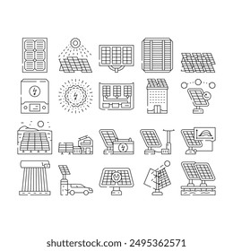 solar panels energy power sun icons set vector. photovoltaic green, cell technology, house industry, renewable system, sky home roof solar panels energy power sun black contour illustrations