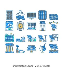 solar panels energy power sun doodle icons set vector. sketch line art photovoltaic green, cell technology, house industry, renewable system, sky home roof solar panels energy color illustrations