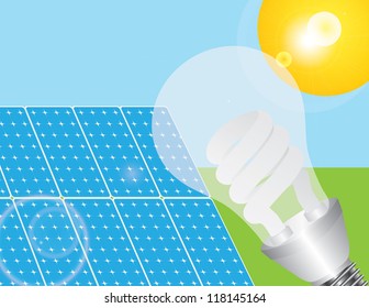 Solar Panels with Energy Saving Light Bulb Powered by the Sun Vector Illustration