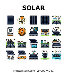 solar panels energy sun icons set vector. power cell, technology photovoltaic, green sky, renewable, system field solar panels energy sun color line illustrations