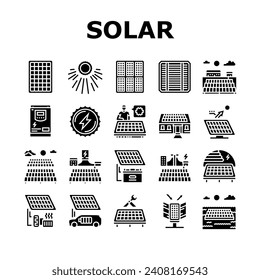 Solarpaneele Energie-Sonnensymbole setzen Vektorgrafik. Fotovoltaik-Stromerzeugungszelle, Technologie, grüner Himmel, erneuerbare Energien, Solarpaneele für Systemfelder - Piktogramm-Illustrationen