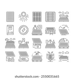 Iconos del sol de la energía de los paneles solares Fijación del Vector. Ilustraciones del contorno del negro del sol de la energía de la energía de la célula de poder, de la tecnología fotovoltaica, verde del cielo, renovable, campo del sistema