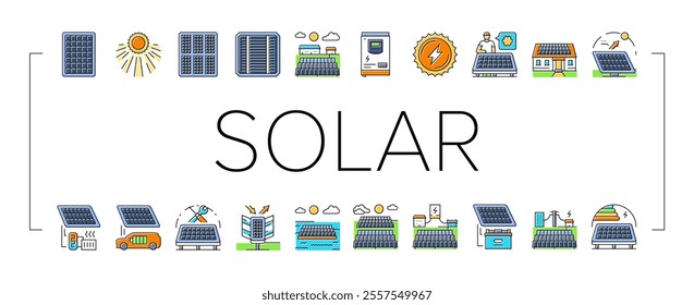 solar panels energy sun icons set vector. power cell, technology photovoltaic, green sky, renewable, system field solar panels energy sun color line illustrations