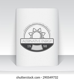 Solar panels for energy. Sustainable ecological solar energy generator powered by natural energy source. Old school of vintage label. Monochrome typographic labels, stickers, logos and badges.