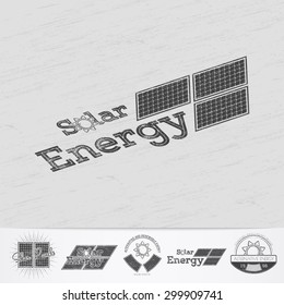 Solar panels for energy. Sustainable ecological solar energy generator powered by natural energy source. Old school of vintage label. Monochrome typographic labels, stickers, logos and badges.