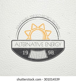 Solar panels for energy. Sustainable ecological solar energy generator powered by natural energy source. Old school of vintage label. Typographic labels, stickers, logos and badges. Flat vector 