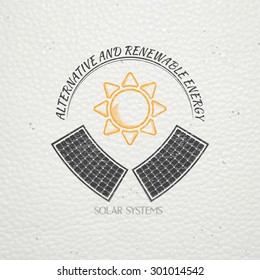 Solar panels for energy. Sustainable ecological solar energy generator powered by natural energy source. Old school of vintage label. Typographic labels, stickers, logos and badges. Flat vector 