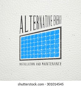Solar panels for energy. Sustainable ecological solar energy generator powered by natural energy source. Old school of vintage label. Typographic labels, stickers, logos and badges. Flat vector 
