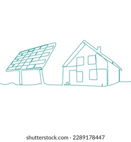 Solar panels and environment continuous line art. Green energy and renewable source of power concept in simple linear style. Doodle vector illustration.