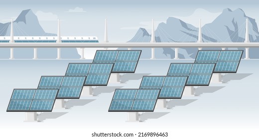 Solar panels farm in cold regions with mountain, train and bridge, Digital marketing illustration.