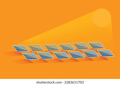 Solar panels farm in green fields during sunrise. Ecology environmental background for presentations, websites, infographics and banners.