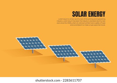 Solar panels farm in green fields during sunrise. Ecology environmental background for presentations, websites, infographics and banners.