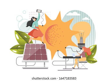 Paneles solares, personajes femeninos usando smartphone, carga de portátiles desde energía solar o energía solar convertida en energía eléctrica, ilustración de diseño vectorial de estilo plano. Fuente de energía renovable limpia.