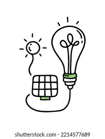 Solar panels. Green energy. Co2 concept of climate change .  Vector doodle
