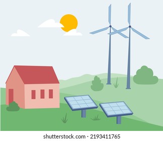 Solar panels. Green energy, urban landscape, ecology. Landscape with a house, solar panels and windmills. Vector illustration isolated on the white background. 